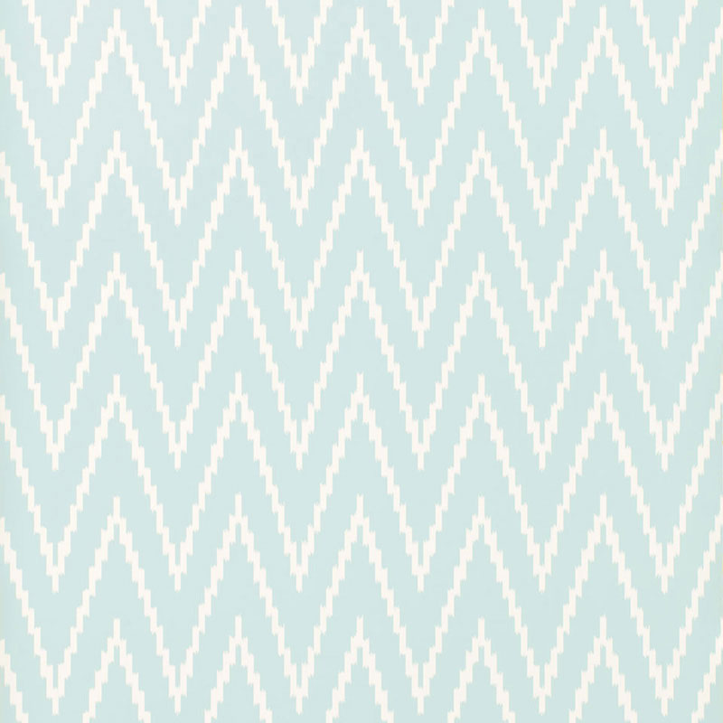 Kasari Ikat Sky wallpaper by Schumacher featuring a blue and white zigzag ikat pattern.