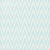 Kasari Ikat Sky wallpaper by Schumacher featuring a blue and white zigzag ikat pattern.