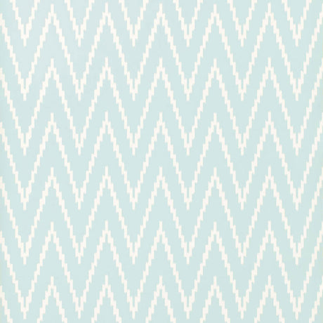 Kasari Ikat Sky wallpaper by Schumacher featuring a blue and white zigzag ikat pattern.