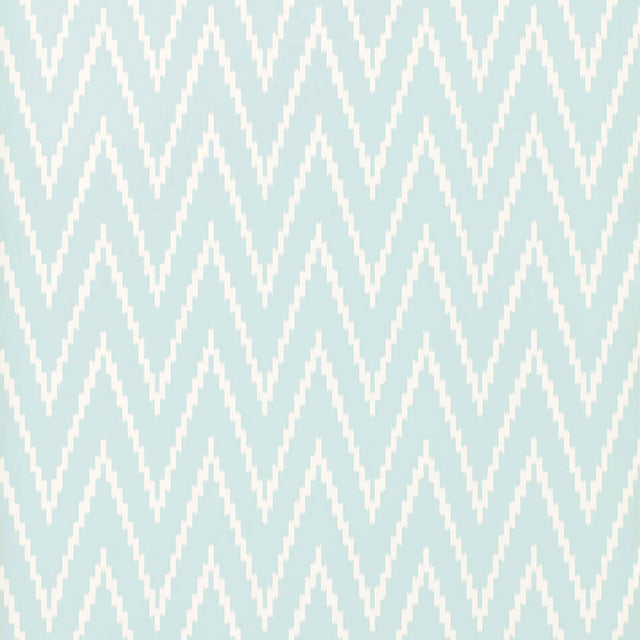 Kasari Ikat Sky wallpaper by Schumacher featuring a blue and white zigzag ikat pattern.