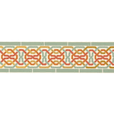 Darro Mosaic Border in Persimmon from the Byzantium Collection by Schumacher - SKU 5006022. Geometric wallcovering border with interlocking pattern in orange, green, and gold tones.