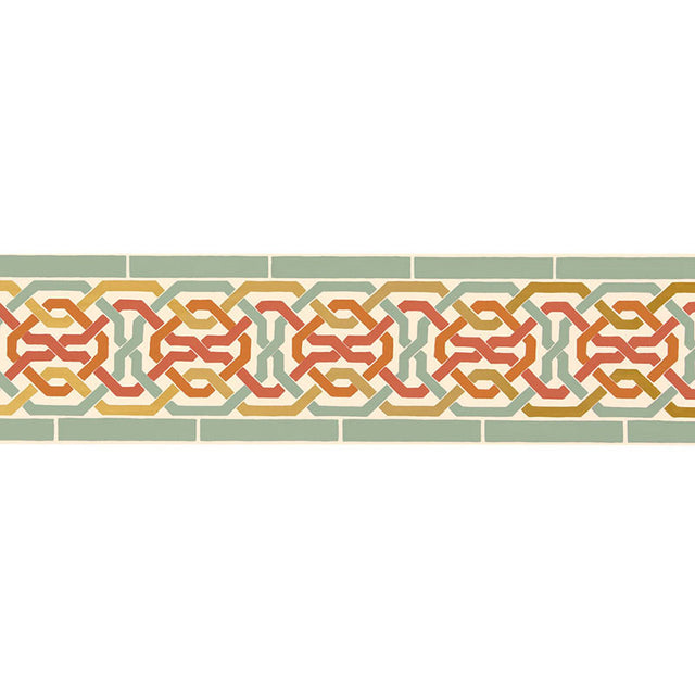 Darro Mosaic Border in Persimmon from the Byzantium Collection by Schumacher - SKU 5006022. Geometric wallcovering border with interlocking pattern in orange, green, and gold tones.