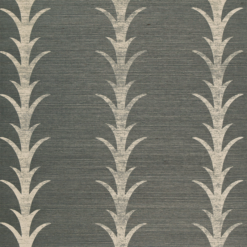 Acanthus Stripe Sisal wallpaper in Shadow by Schumacher, featuring a stylized acanthus motif on a textured sisal ground in a dark neutral colorway.