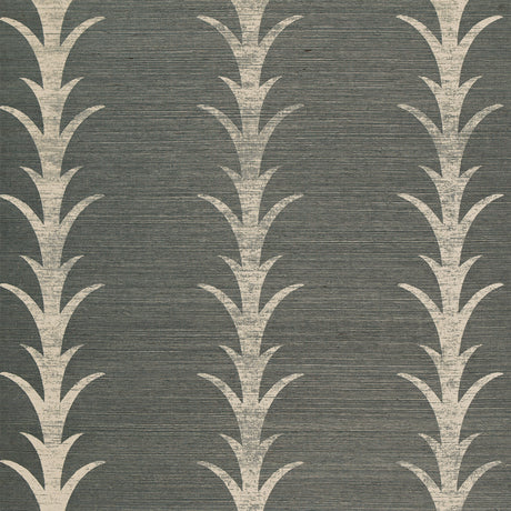 Acanthus Stripe Sisal wallpaper in Shadow by Schumacher, featuring a stylized acanthus motif on a textured sisal ground in a dark neutral colorway.