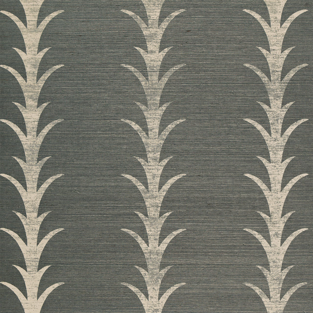 Acanthus Stripe Sisal wallpaper in Shadow by Schumacher, featuring a stylized acanthus motif on a textured sisal ground in a dark neutral colorway.