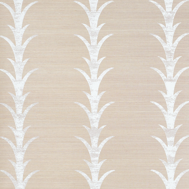 Acanthus Stripe Sisal wallpaper in Fog & Chalk by Schumacher, featuring a stylized acanthus motif on a sisal ground.