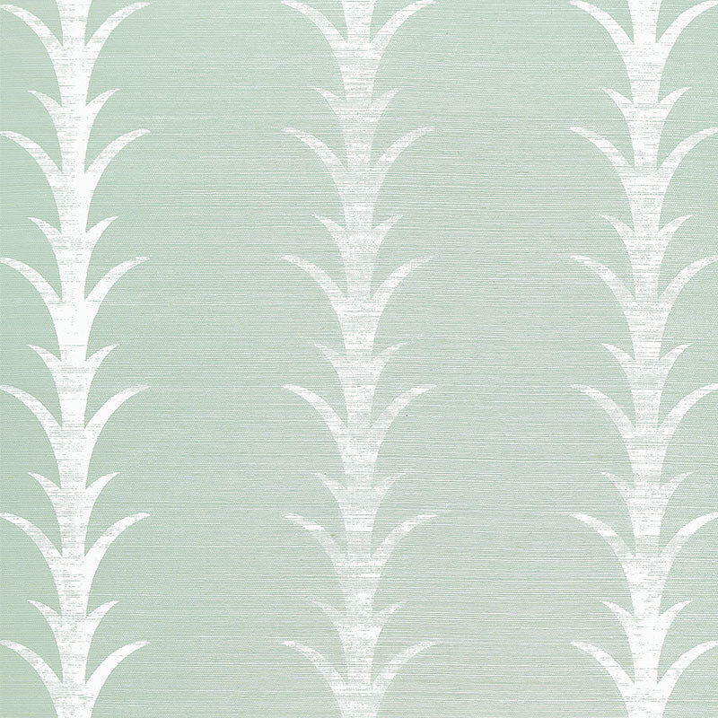 Acanthus Stripe Sisal wallpaper in Seaglass & Chalk by Celerie Kemble for Schumacher, featuring a stylized acanthus motif on a sisal ground.