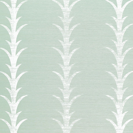 Acanthus Stripe Sisal wallpaper in Seaglass & Chalk by Celerie Kemble for Schumacher, featuring a stylized acanthus motif on a sisal ground.