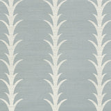 Acanthus Stripe Sisal wallpaper in Chambray by Schumacher, featuring a stylized acanthus motif in a soft blue and white colorway, shown in elegant interior settings.