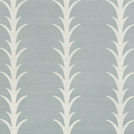 Acanthus Stripe Sisal wallpaper in Chambray by Schumacher, featuring a stylized acanthus motif in a soft blue and white colorway, shown in elegant interior settings.