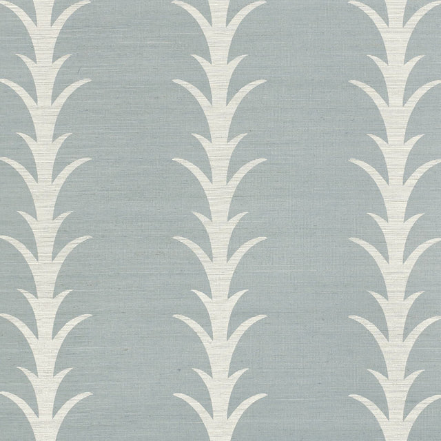 Acanthus Stripe Sisal wallpaper in Chambray by Schumacher, featuring a stylized acanthus motif in a soft blue and white colorway, shown in elegant interior settings.