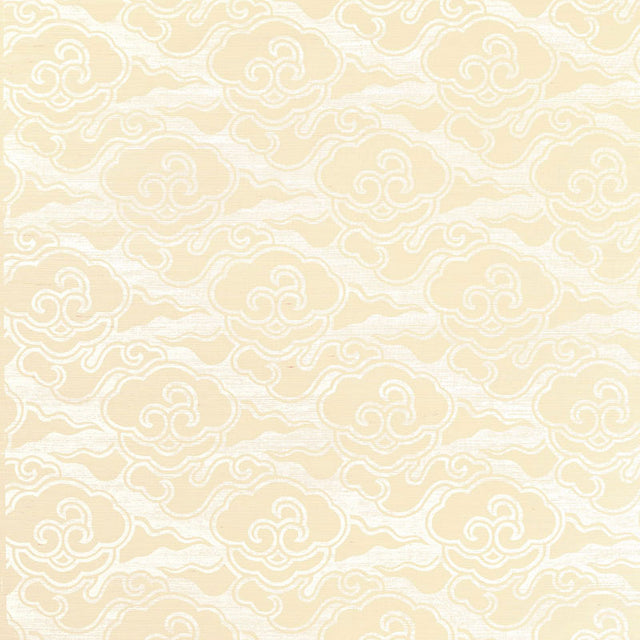 Cirrus Clouds Sisal wallpaper in Blanched by Celerie Kemble for Schumacher, featuring a hand-screened cloud pattern in soft neutral tones.