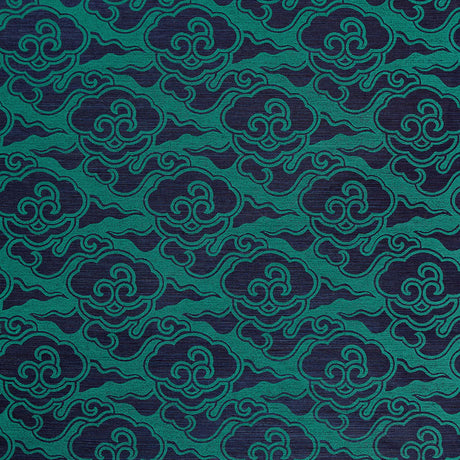 Cirrus Clouds Sisal wallpaper in Plume by Celerie Kemble for Schumacher, hand screen printed with a cloud motif in green and blue.
