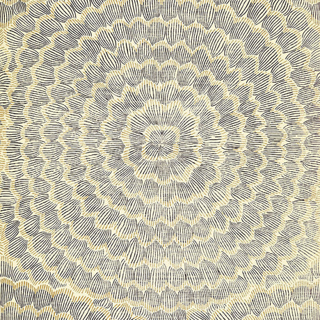 Feather Bloom Sisal wallpaper in Onyx & Gold by Celerie Kemble for Schumacher, featuring overscale blossoms in a radiating pattern on a natural sisal ground.