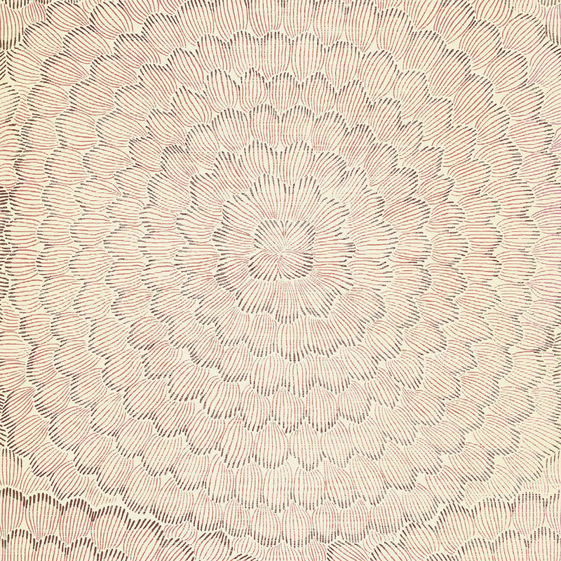 Feather Bloom Sisal wallpaper in Venetian Pink by Celerie Kemble for Schumacher, shown in a bedroom interior and close-up detail.
