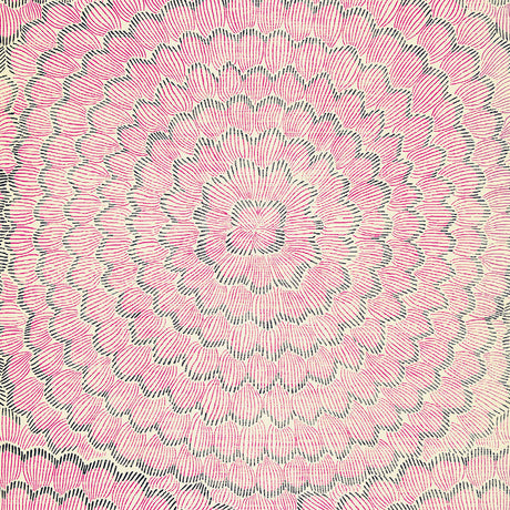 Feather Bloom Sisal wallpaper in Fuchsia & Jet by Celerie Kemble for Schumacher, featuring overscale blossoms in a radiating pattern on a natural sisal ground.