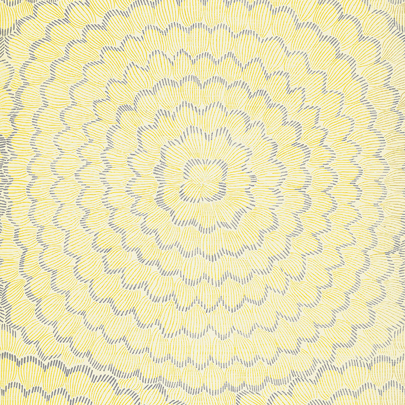 Feather Bloom Sisal wallpaper in Sun & Fog by Celerie Kemble for Schumacher, featuring overscale blossoms in a radiating pattern on a natural sisal ground.