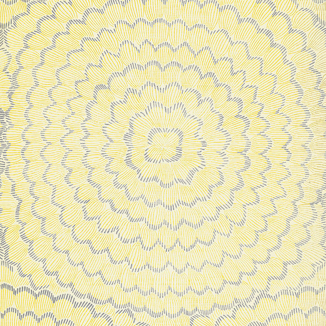 Feather Bloom Sisal wallpaper in Sun & Fog by Celerie Kemble for Schumacher, featuring overscale blossoms in a radiating pattern on a natural sisal ground.