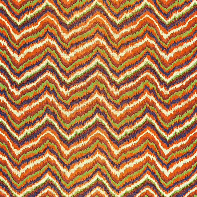 Multicolored bargello zigzag pattern printed on woven sisal wallcovering by Schumacher, designed by Celerie Kemble.