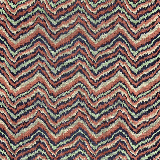 Flame Sisal CHA-CHA multicolored zigzag pattern wallpaper by Schumacher, designed by Celerie Kemble, shown in a modern interior setting.