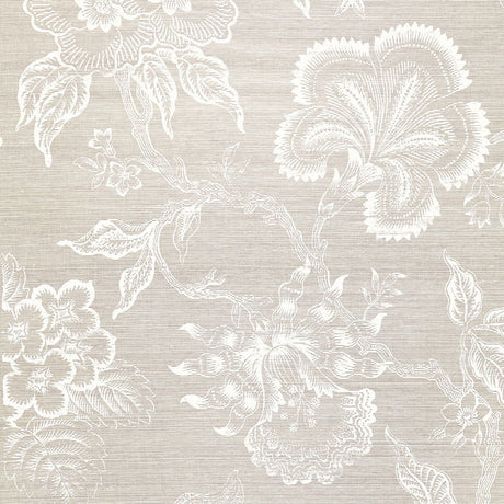 Hothouse Flowers Sisal wallpaper in Fog & Chalk by Celerie Kemble for Schumacher, featuring a hand-screened floral design on a textured background.
