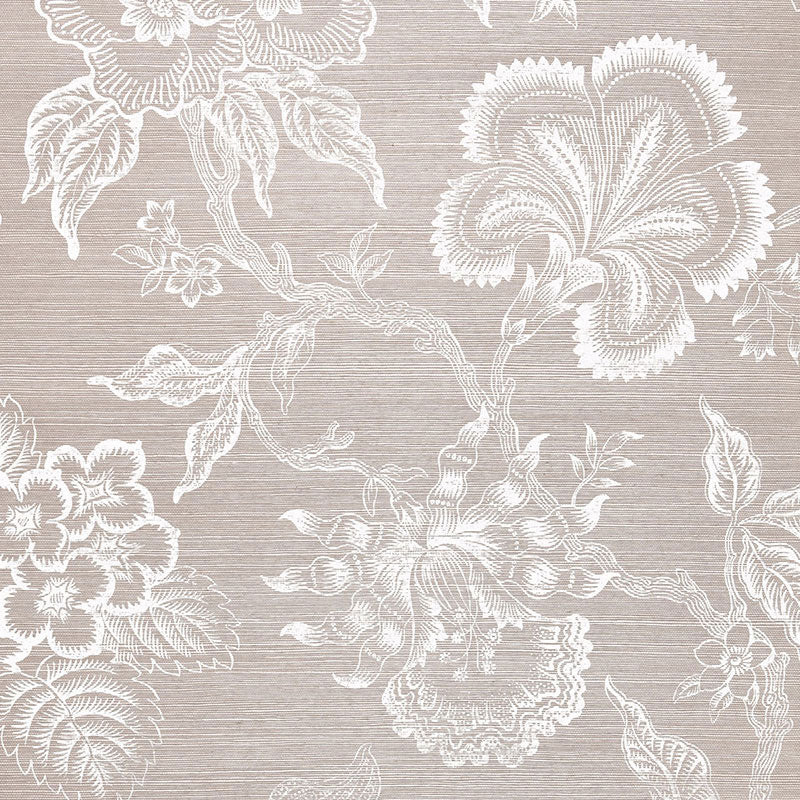 Hothouse Flowers Sisal wallpaper in Haze & Chalk by Celerie Kemble for Schumacher, featuring a hand-screened floral pattern on a sisal-like background.