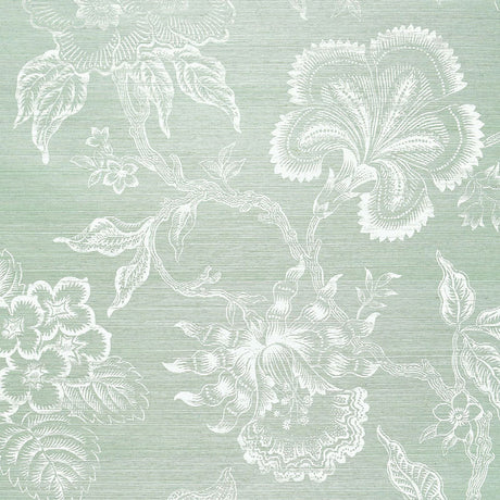 Hothouse Flowers Sisal wallpaper in Seaglass & Chalk by Celerie Kemble for Schumacher, featuring a hand-screened botanical floral design on a textured background.