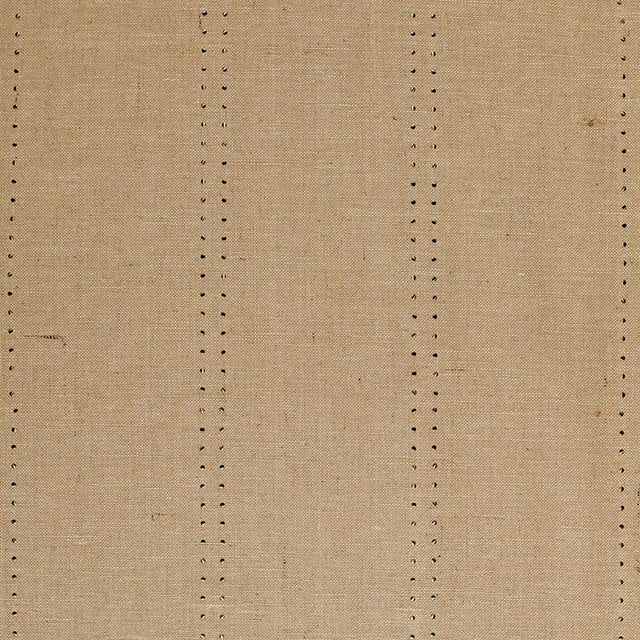 Stud Stripe wallpaper in Natural / Bronze by Celerie Kemble for Schumacher, featuring metallic nailhead stripes on a jute burlap ground.