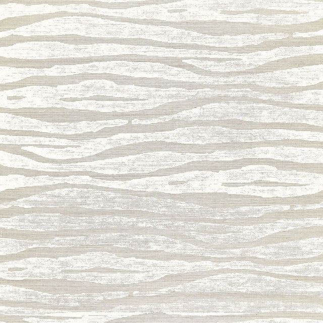 Ripple Sisal wallpaper in Fog & Chalk by Celerie Kemble for Schumacher, hand-printed on textured sisal with an exotic zebra stripe pattern.