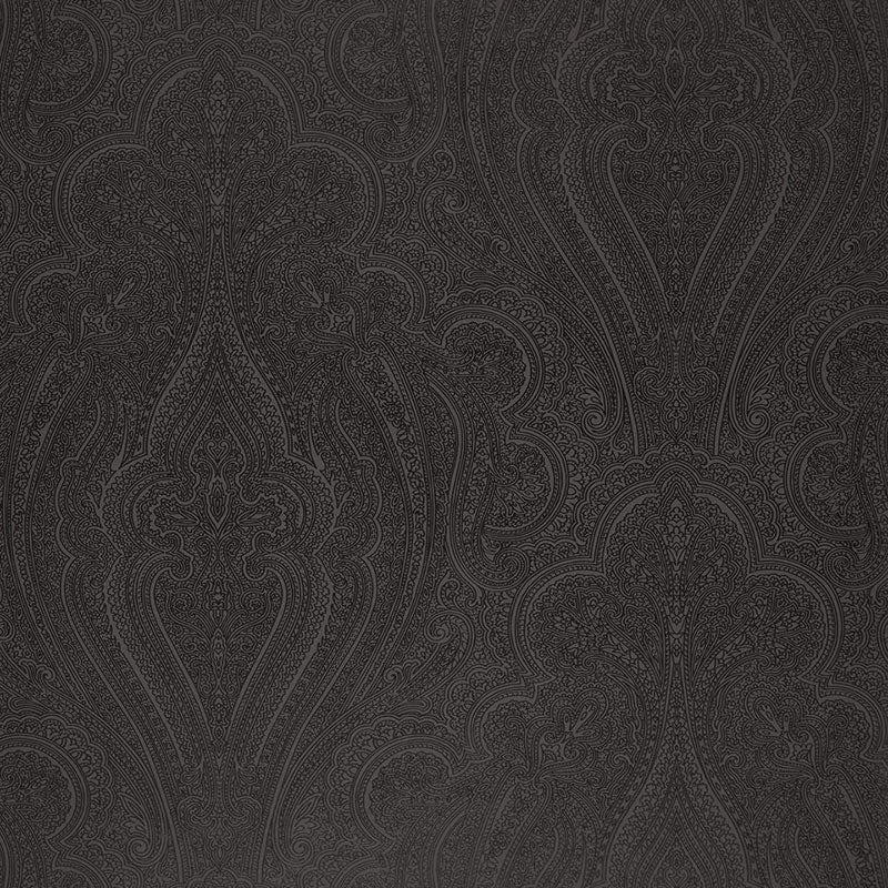 Breckenridge Paisley Charcoal Luxe Lodge wallpaper by Schumacher. Intricate paisley pattern in dark charcoal tones.