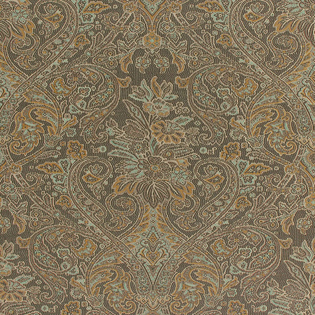 Sinclair Paisley wallpaper in Java by Schumacher, featuring an intricate paisley pattern in brown and gold tones.