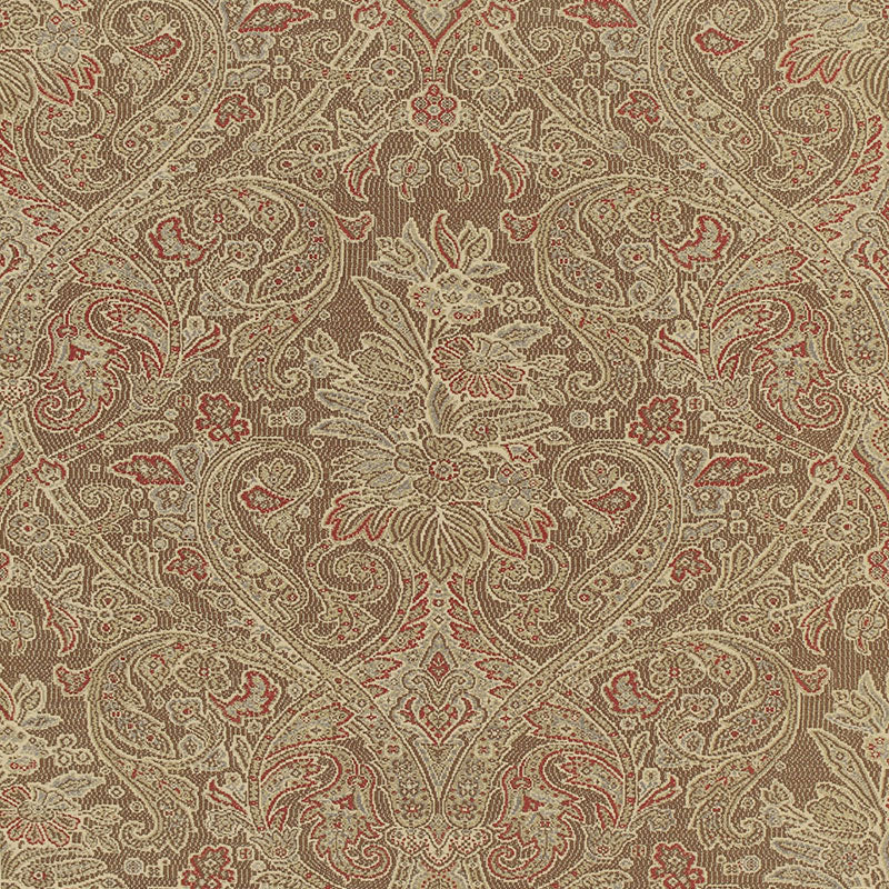 Sinclair Paisley wallpaper in Vicuna by Schumacher, featuring a detailed paisley pattern in warm brown and red tones.