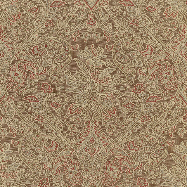 Sinclair Paisley wallpaper in Vicuna by Schumacher, featuring a detailed paisley pattern in warm brown and red tones.