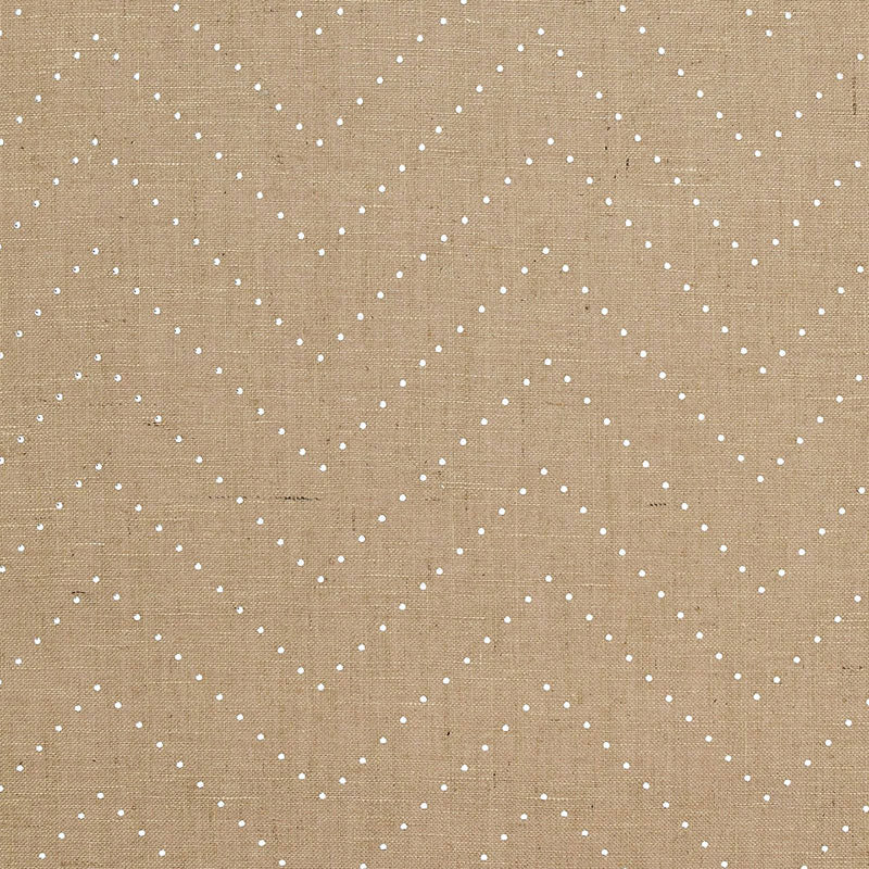 Colton Chevron wallcovering in Natural and Silver by Schumacher, featuring a chevron motif with metallic nailheads on a jute burlap ground.