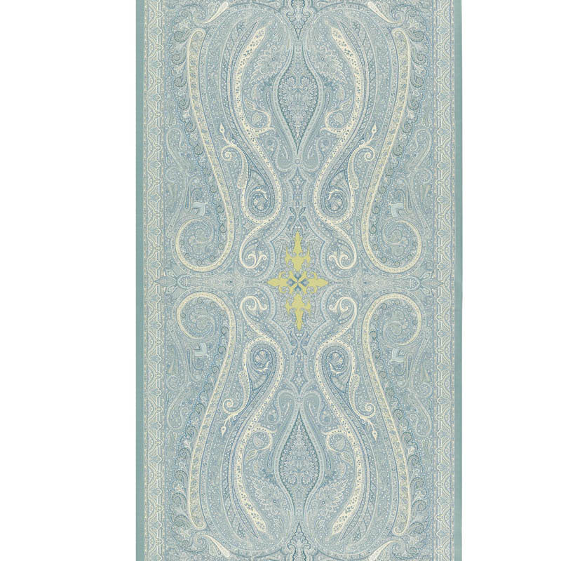 Pasha Paisley wallpaper in Sky by Schumacher, designed by Martyn Lawrence Bullard. Ornate paisley pattern in blue and yellow tones.