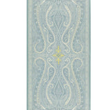 Pasha Paisley wallpaper in Sky by Schumacher, designed by Martyn Lawrence Bullard. Ornate paisley pattern in blue and yellow tones.