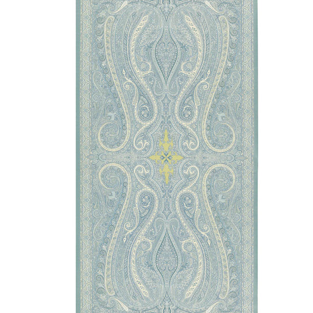 Pasha Paisley wallpaper in Sky by Schumacher, designed by Martyn Lawrence Bullard. Ornate paisley pattern in blue and yellow tones.