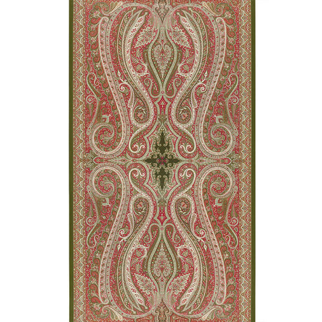 Pasha Paisley wallpaper in Pomegranate by Schumacher, designed by Martyn Lawrence Bullard. Ornate paisley pattern in red, green, and cream tones.