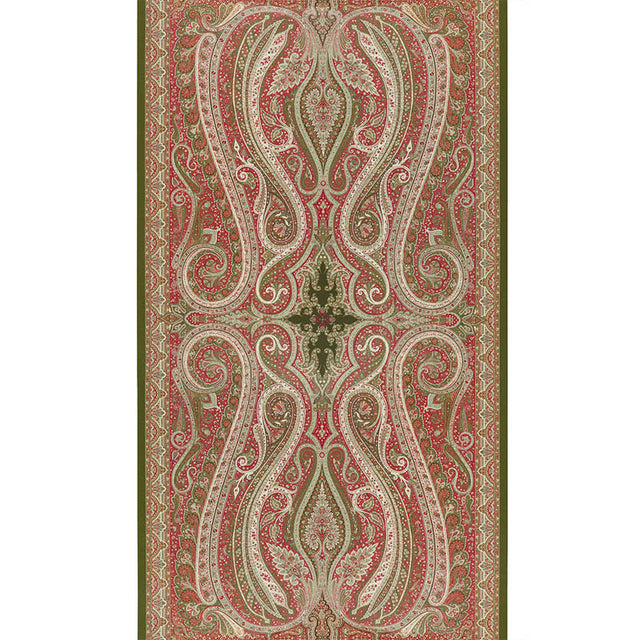 Pasha Paisley wallpaper in Pomegranate by Schumacher, designed by Martyn Lawrence Bullard. Ornate paisley pattern in red, green, and cream tones.