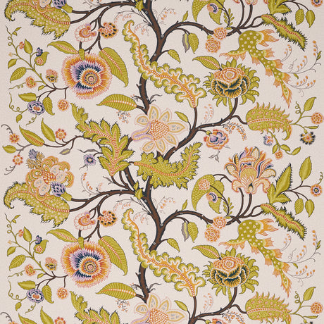 Sinhala Sidewall wallpaper in Bittersweet by Schumacher, featuring a vibrant botanical and floral pattern with intricate vines and leaves.
