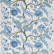 Sinhala Sidewall wallpaper in Sky by Schumacher, featuring a detailed blue and green botanical floral pattern.