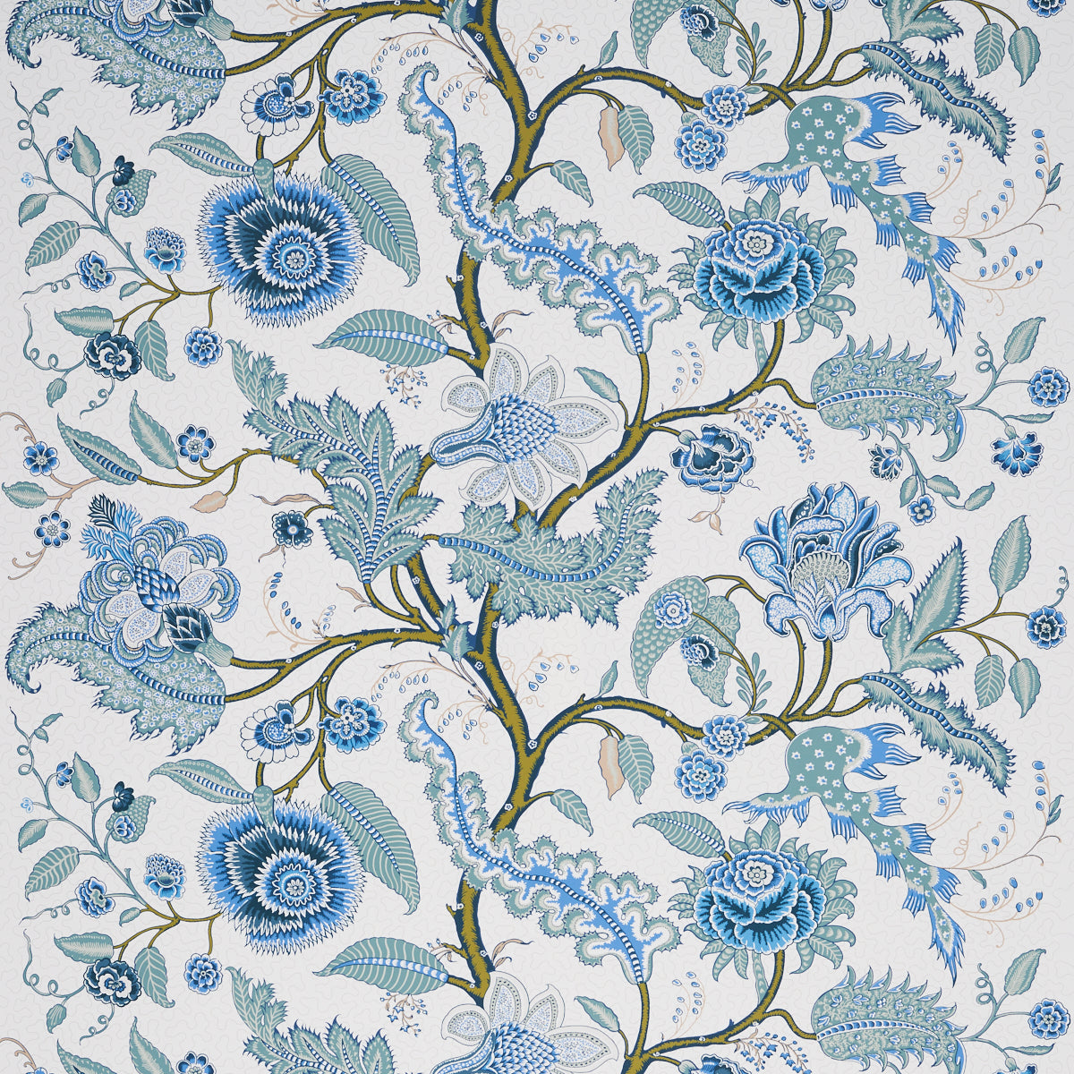 Sinhala Sidewall wallpaper in Sky by Schumacher, featuring a detailed blue and green botanical floral pattern.