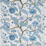 Sinhala Sidewall wallpaper in Sky by Schumacher, featuring a detailed blue and green botanical floral pattern.