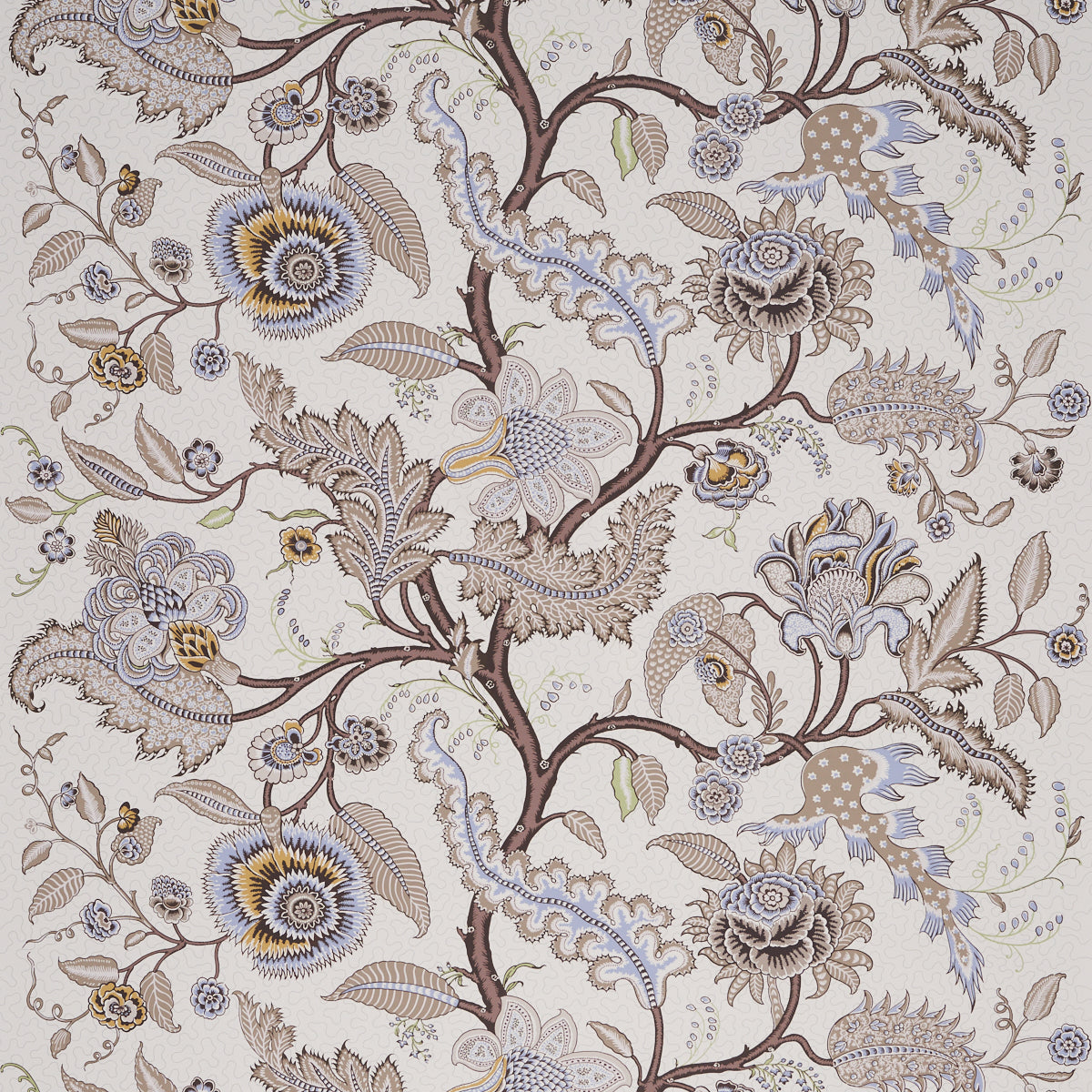 SINHALA SIDEWALL wallpaper in Stone by Schumacher, featuring a detailed botanical and floral pattern in neutral and blue tones.