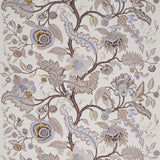 SINHALA SIDEWALL wallpaper in Stone by Schumacher, featuring a detailed botanical and floral pattern in neutral and blue tones.