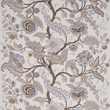 SINHALA SIDEWALL wallpaper in Stone by Schumacher, featuring a detailed botanical and floral pattern in neutral and blue tones.