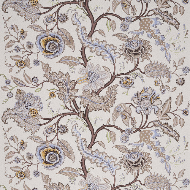 SINHALA SIDEWALL wallpaper in Stone by Schumacher, featuring a detailed botanical and floral pattern in neutral and blue tones.