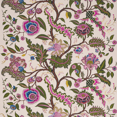 SINHALA SIDEWALL wallpaper in Jewel by Schumacher, featuring a vibrant botanical and floral pattern with intricate details in pink, green, blue, and cream.