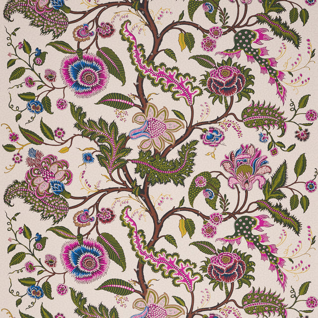 SINHALA SIDEWALL wallpaper in Jewel by Schumacher, featuring a vibrant botanical and floral pattern with intricate details in pink, green, blue, and cream.