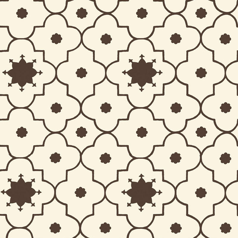 Taj Trellis Sepia wallpaper by Schumacher featuring a geometric trellis pattern in brown and cream tones.